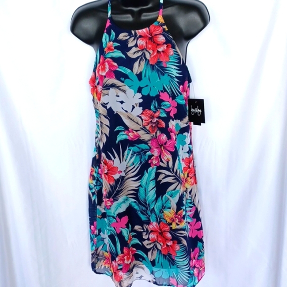 By & By dress size large navy floral halter style spaghetti strap lining jr sz M - Picture 1 of 8